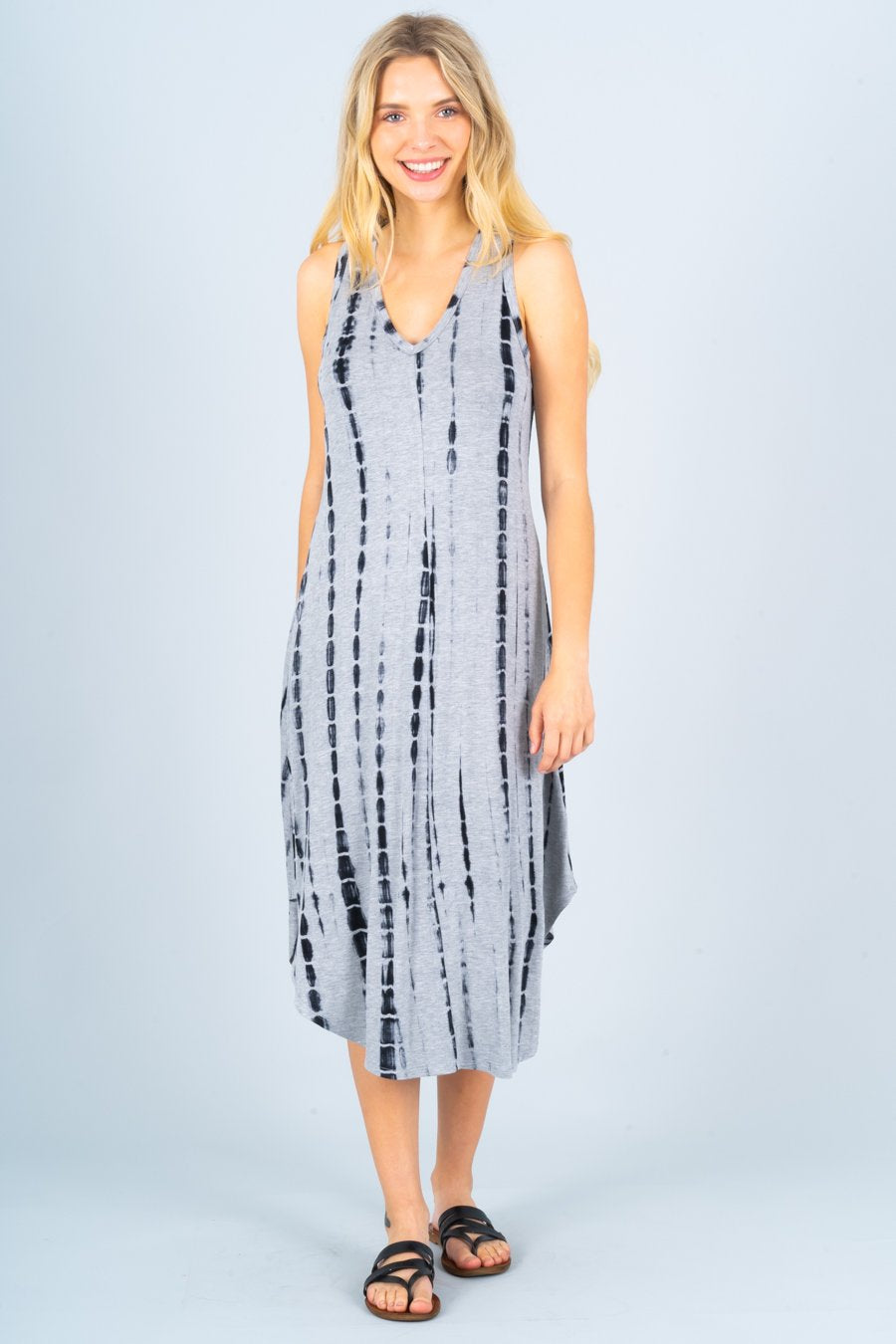 Tie Dye V neck Midi Dress with Curved Hem - All Good Laces