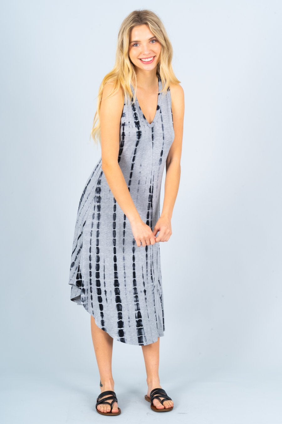 Tie Dye V neck Midi Dress with Curved Hem - All Good Laces