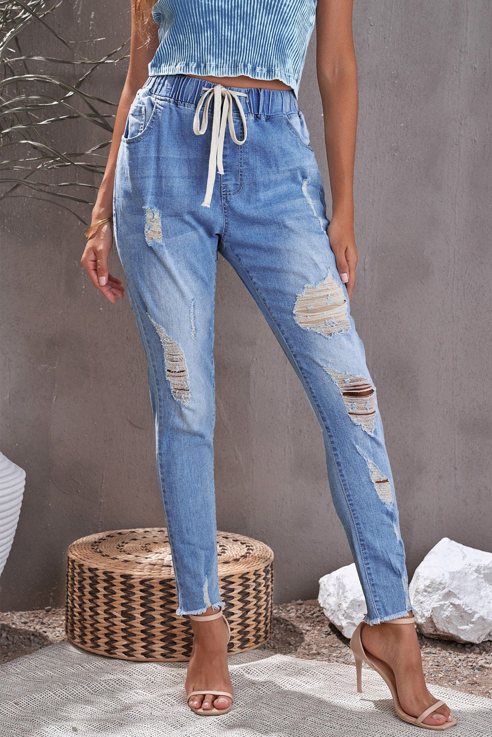 Blue Drawstring Elastic Waist Hole Ripped Jean - All Good Laces