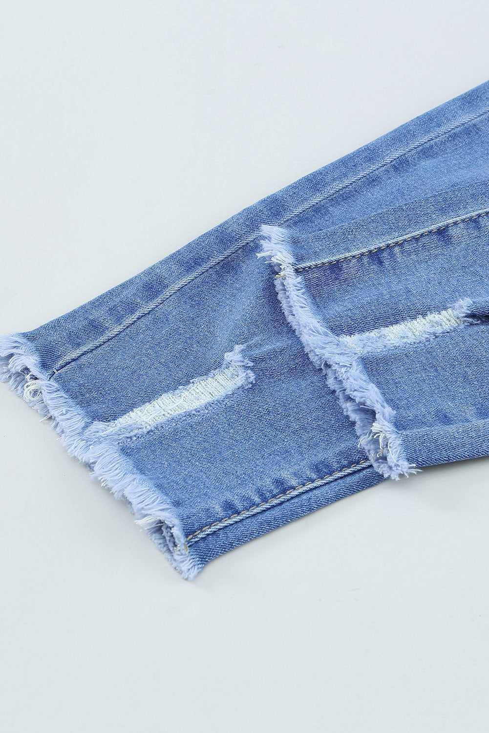 Blue Drawstring Elastic Waist Hole Ripped Jean - All Good Laces
