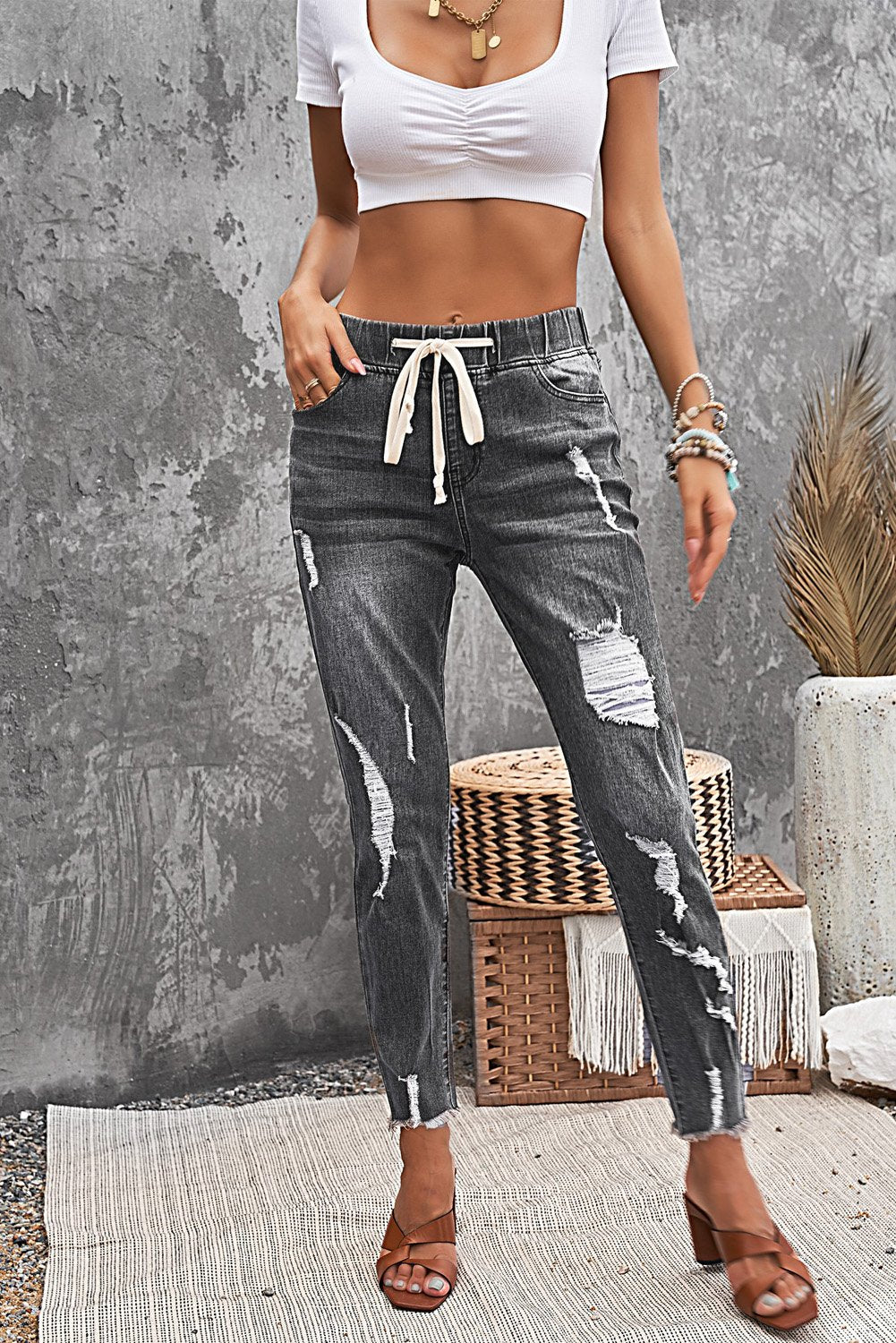 Gray Drawstring Elastic Waist Hole Ripped Jean - All Good Laces