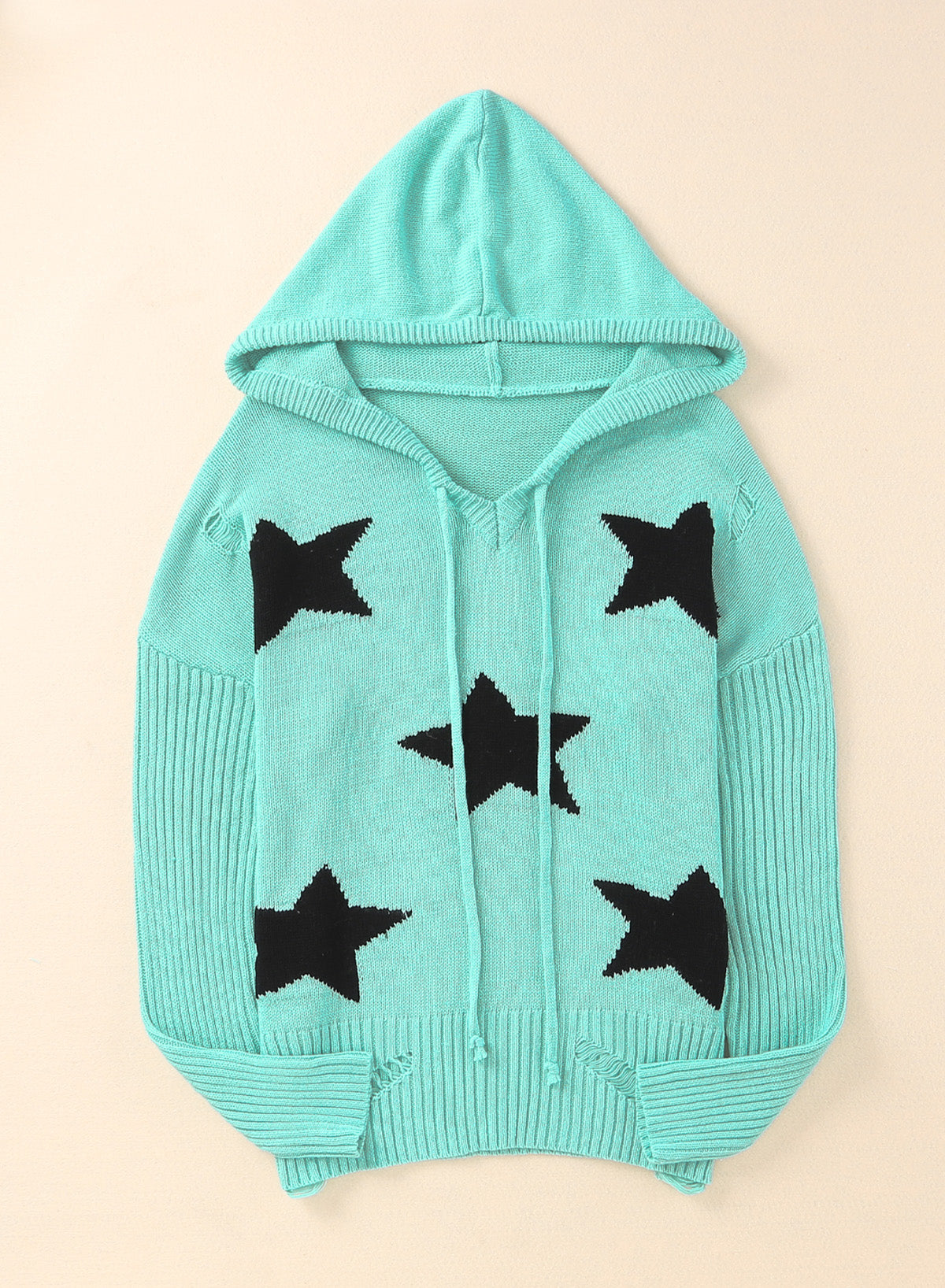 Star Distressed Slit Hooded Sweater - All Good Laces