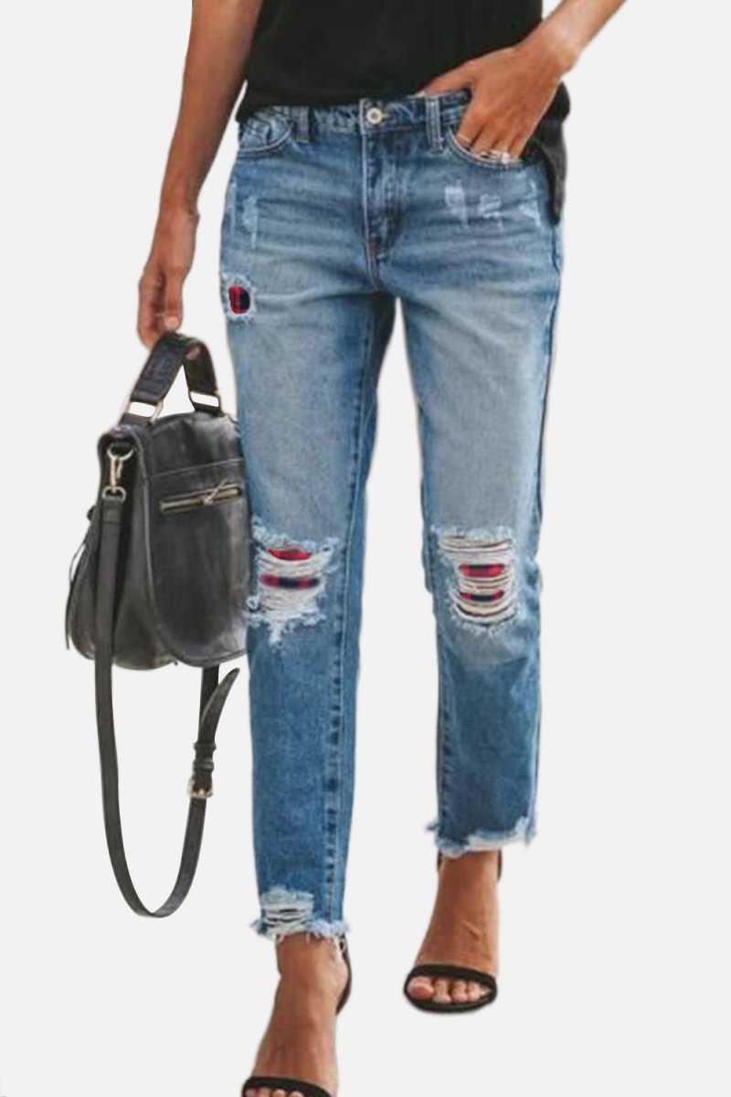 Blue Plaid Patchwork Frayed Hem Ripped Jeans - All Good Laces